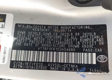 2014 Toyota Camry Le z USA, uszkodzony, nr VIN 4T1BF1FK1EU454680